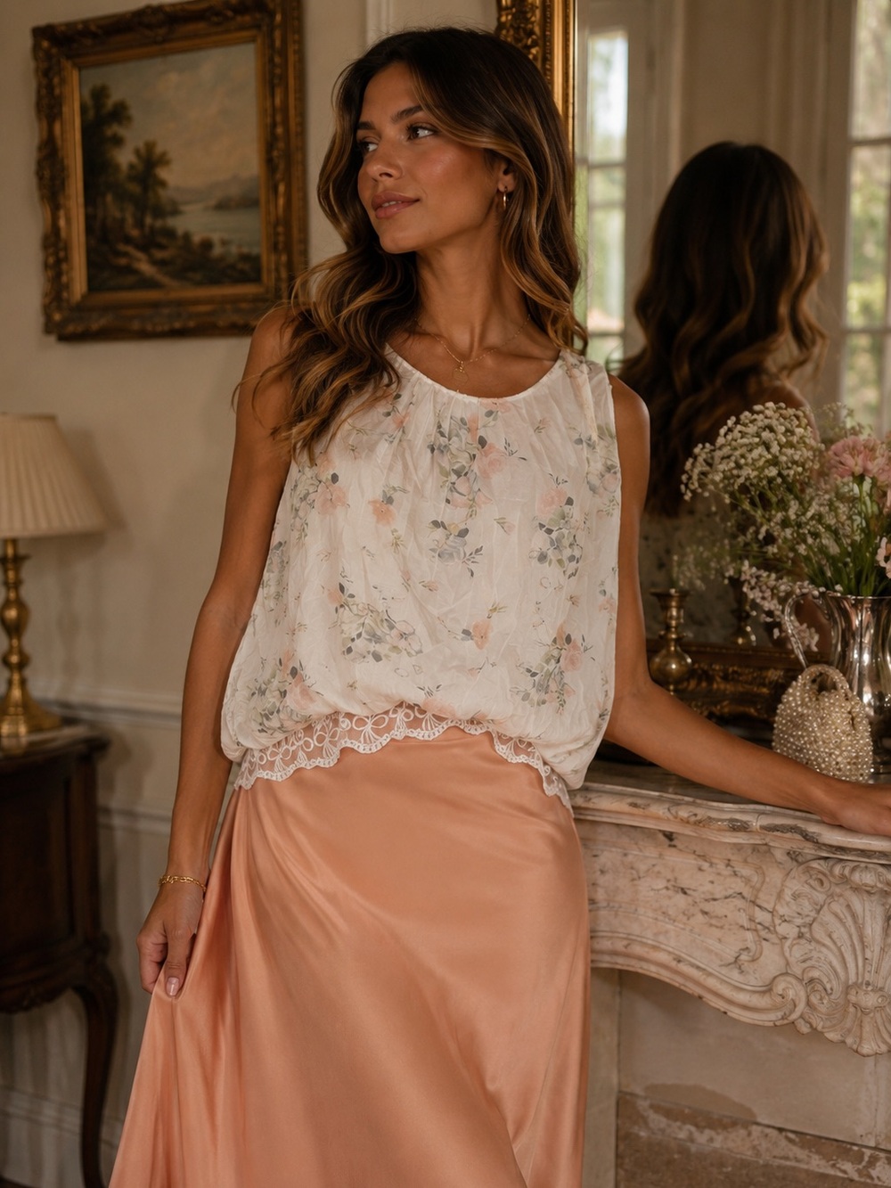 Floral Lace-Hem Sleeveless Camisole - White with Soft Pink Floral 100% SILK 🔥🔥🔥
